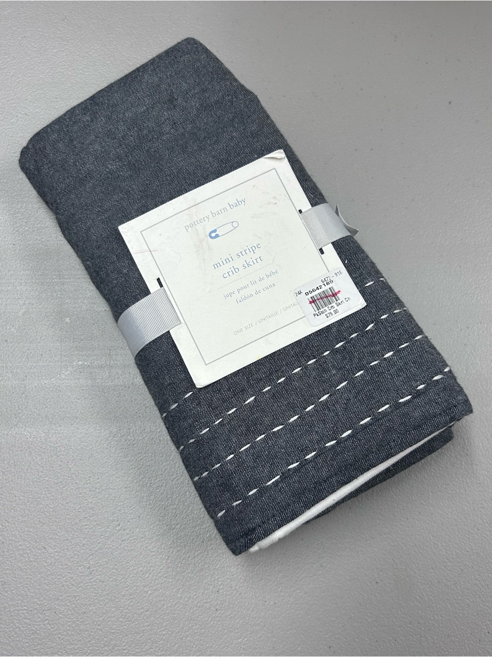 Pottery Barn Baby Mini Stripe Crib Skirt Nursery Bedding Gray w/ White Stitching